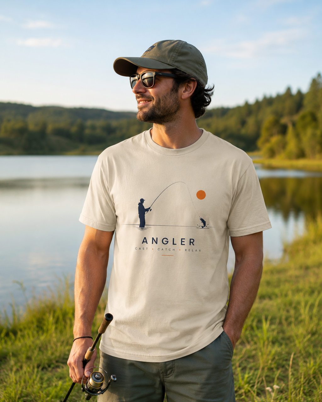 Angler T-Shirt Unisex – Minimalistische Angler-Silhouette mit oranger Sonne