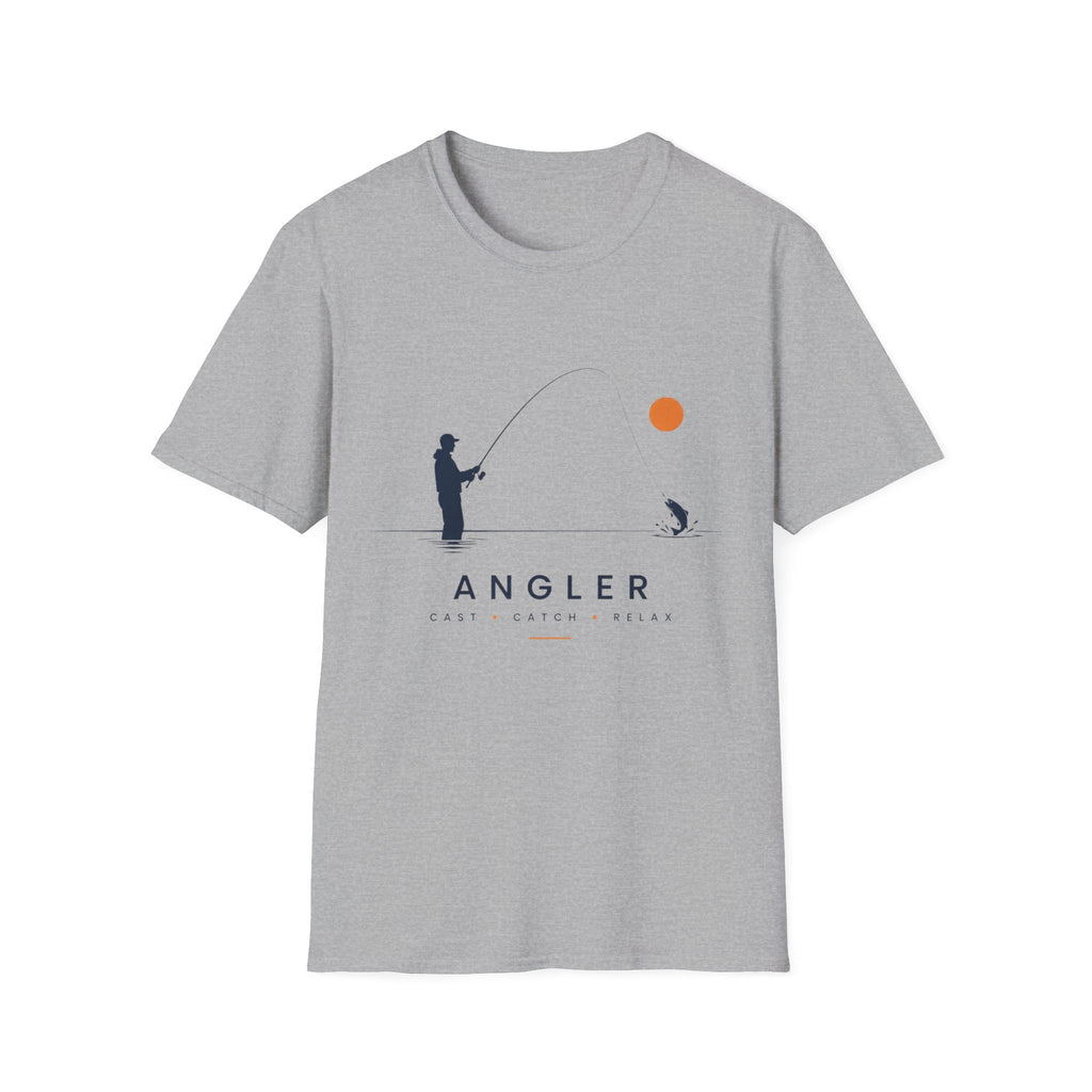 Angler T-Shirt Unisex – Minimalistische Angler-Silhouette mit oranger Sonne