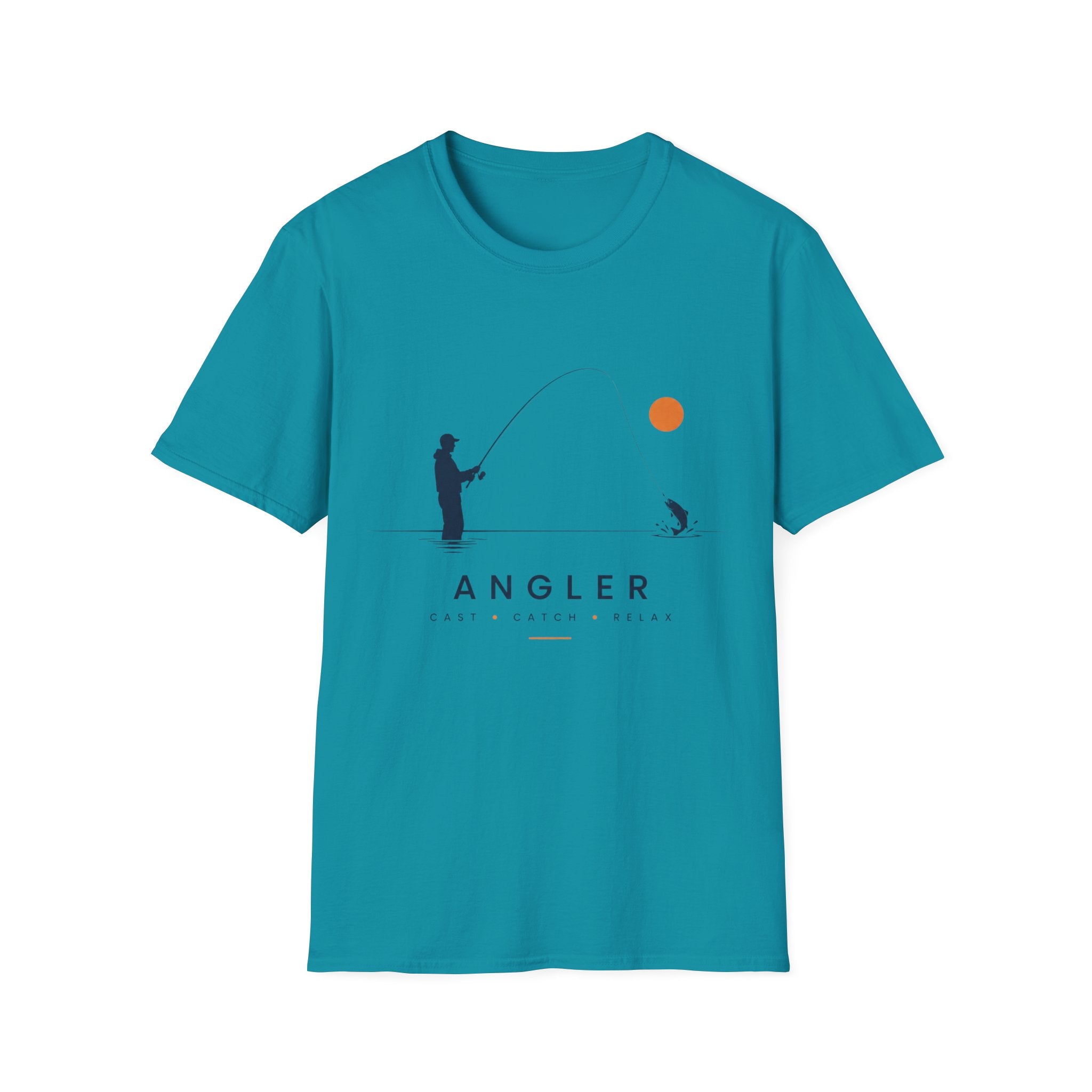 Angler T-Shirt Unisex – Minimalistische Angler-Silhouette mit oranger Sonne