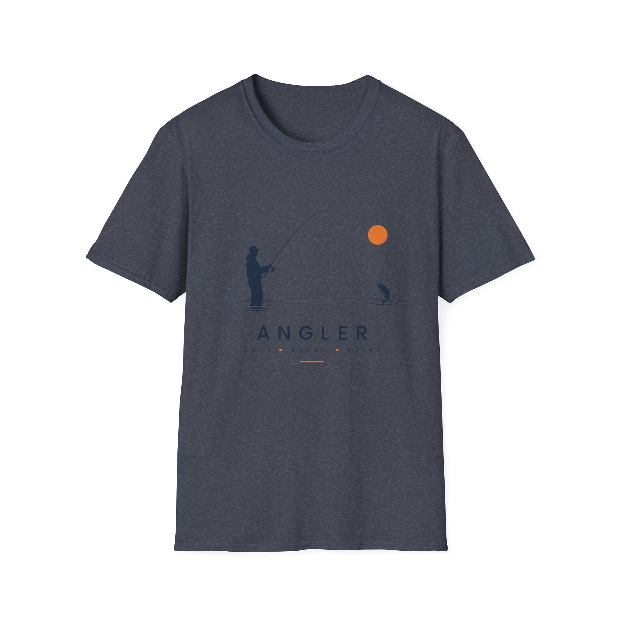 Angler T-Shirt Unisex – Minimalistische Angler-Silhouette mit oranger Sonne
