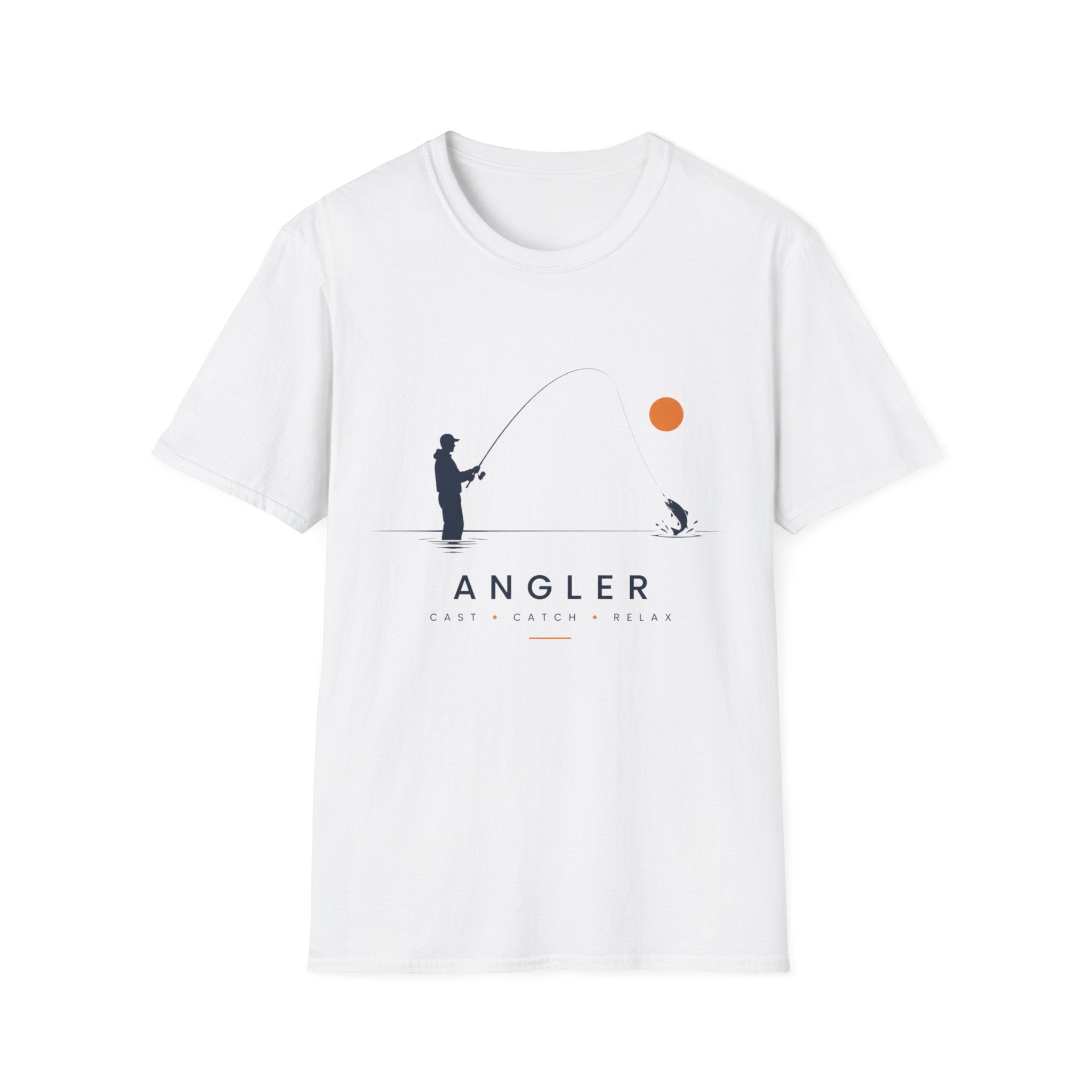 Angler T-Shirt Unisex – Minimalistische Angler-Silhouette mit oranger Sonne