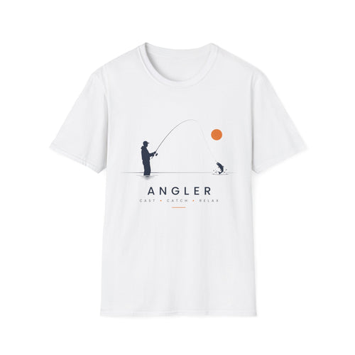 Angler T-Shirt Unisex – Minimalistische Angler-Silhouette mit oranger Sonne