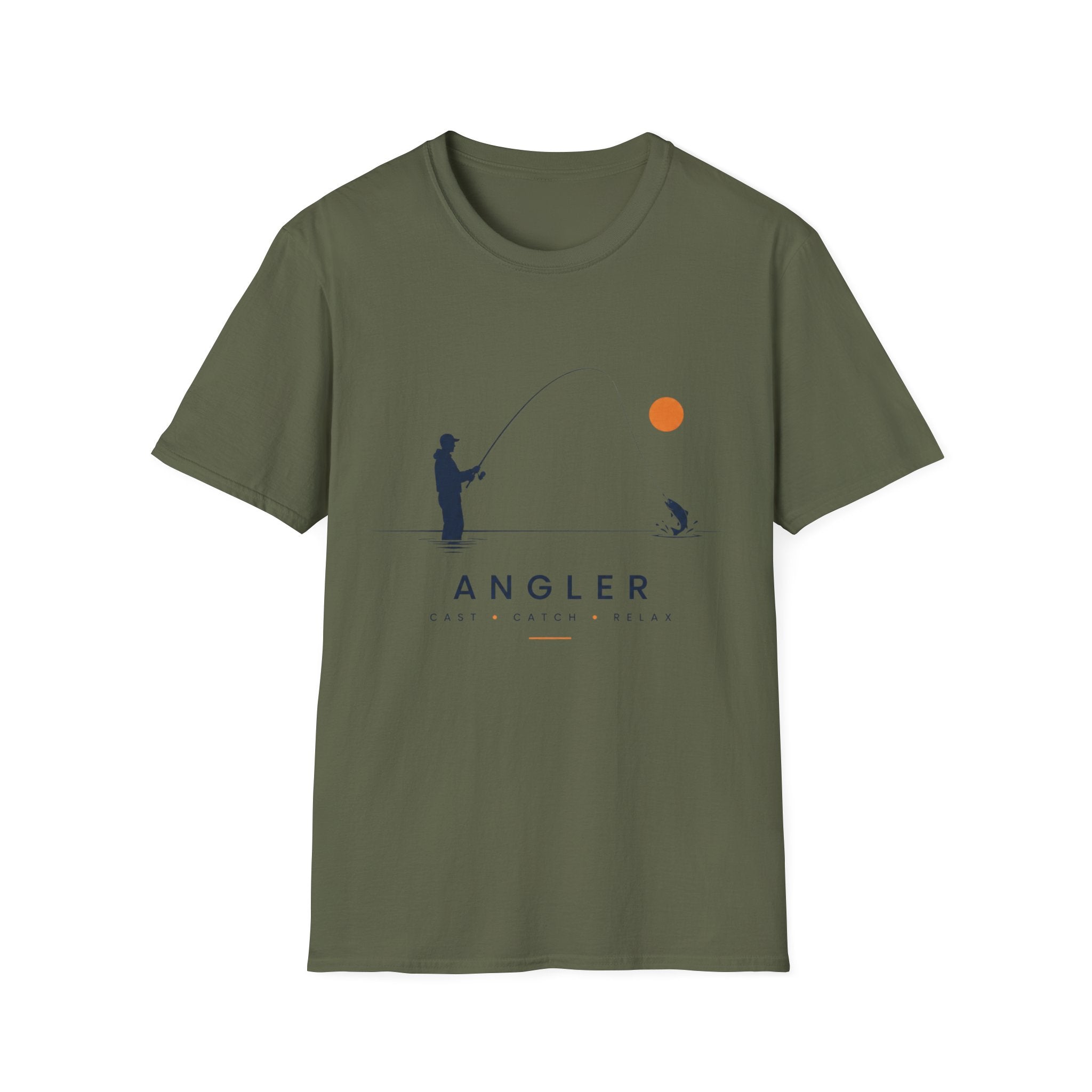 Angler T-Shirt Unisex – Minimalistische Angler-Silhouette mit oranger Sonne