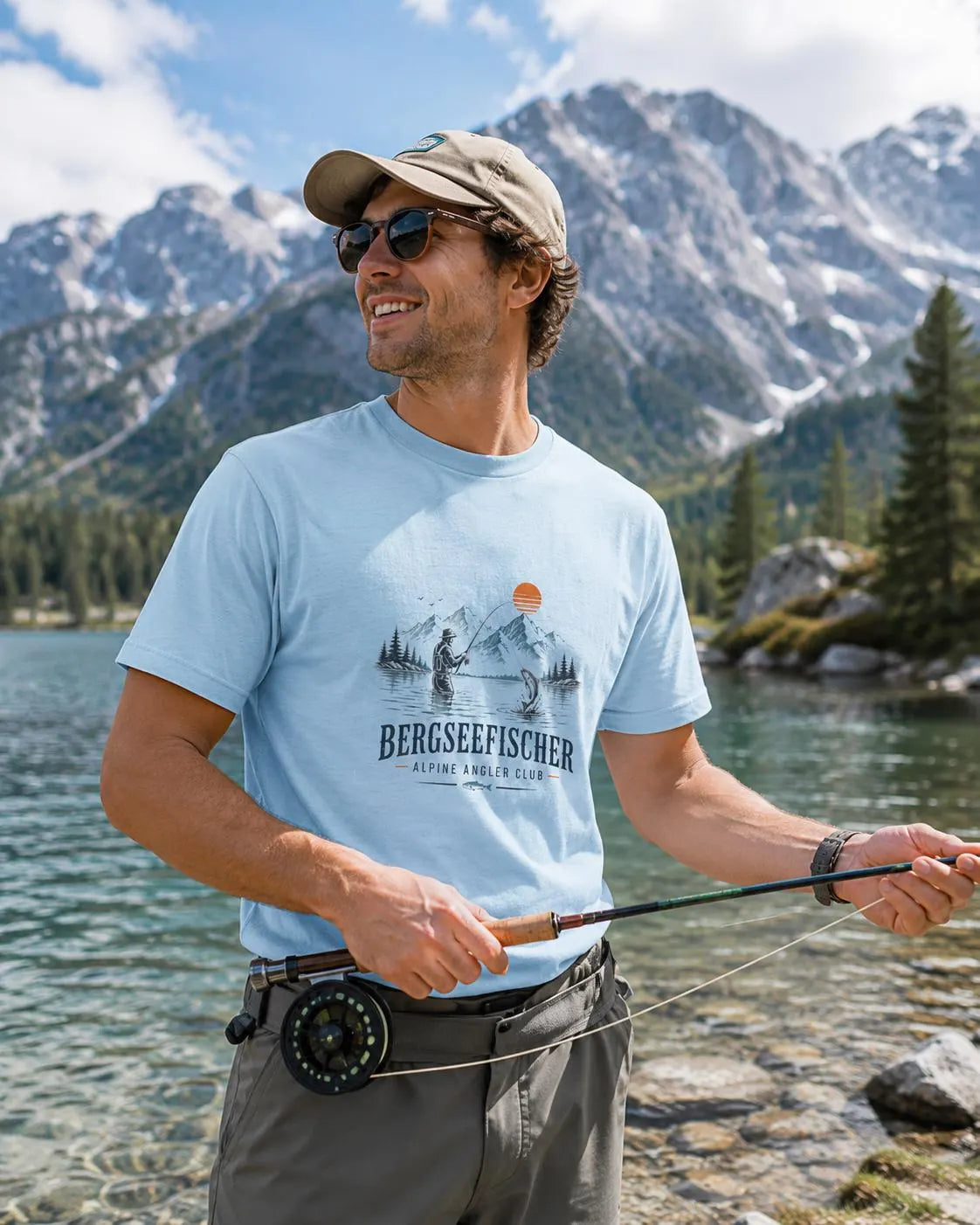Angler T-Shirt Unisex – Bergsee-Fischer bei Sonnenuntergang Outdoor